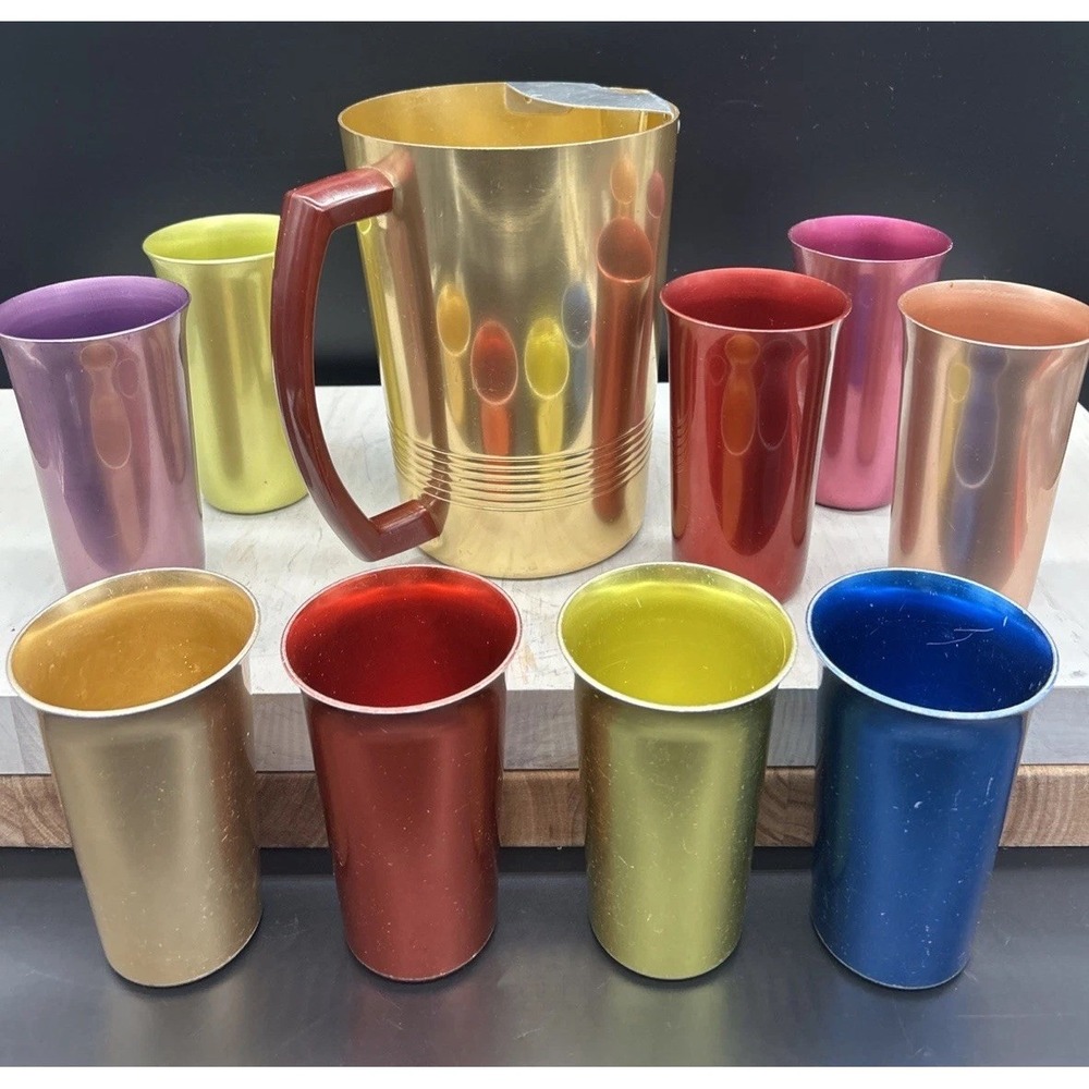 Vintage Regal Ware Mid Century Aluminum Pitcher Gold Tone With Variety Of Cups